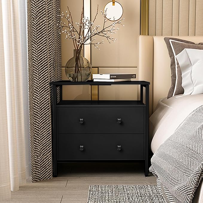 27 inch Wide Nightstand with Charging Station, Bedside Table with Open Shelf, 2 Drawers Small Wood Dresser, End Side Table for Bedroom (Black)
