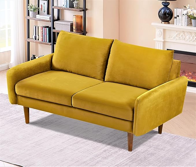 Container Furniture Direct Kent Velvet Loveseat Sofa for Modern Living Rooms and Compact Spaces, Comfy 2 Seater Couch Studio Apartment Furniture with Sleek Design, Greenish Yellow