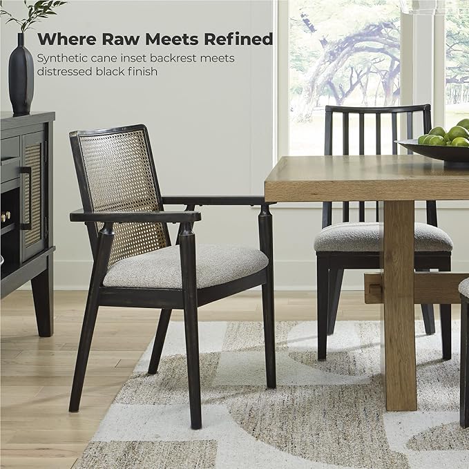 Signature Design by Ashley Galliden Rustic Solid Wood Upholstered Dining Arm Chair with Faux Cane Backrest, Set of 2, Light Brown & Black