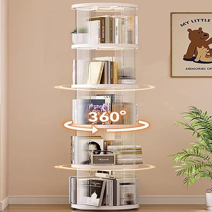 Rotating Bookshelf Tower,360° Rotating Bookshelf,66 inch High Small Space Revolving Bookcase, Suitable for Spinning Bookshelf Tower in Home and Office (White, 5 Tier, 16x16x66)