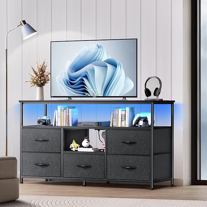 TV Stand for Bedroom, 47 Inch Dresser TV Stand for 43, 50, 55 Inch TVs, 5 Drawers Entertainment Center with Storage, LED Lights & Power Outlets, Media TV Console Table for Living Room, Black