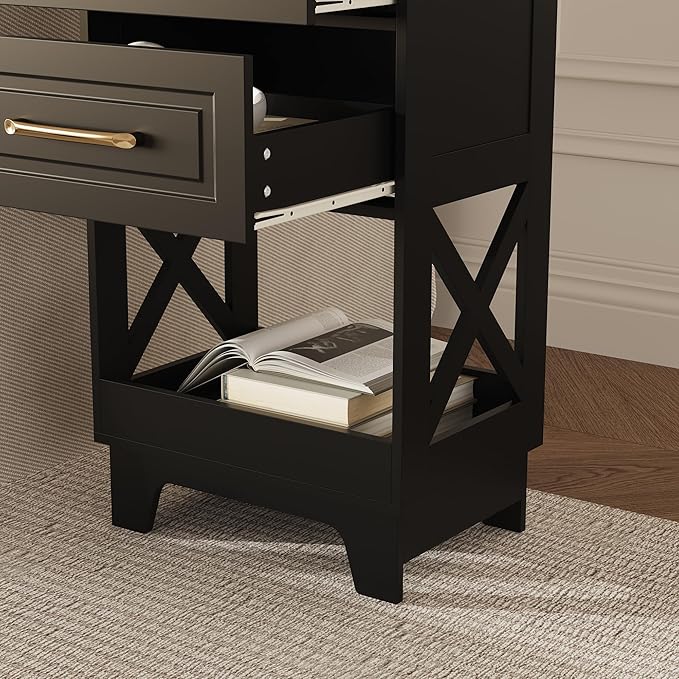 Tall Nightstand Set of 2 Side Table with 2 Drawers Modern Night Stand Wooden End Table Bedside Table with Below Open Shelf Solid Feet for Bedroom, Living Room, Black