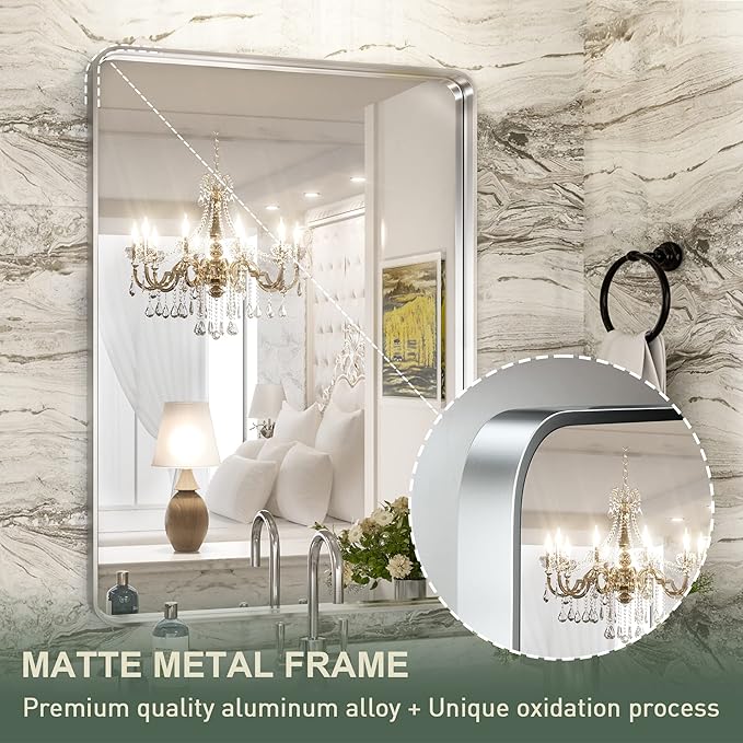 TokeShimi 24 x 36 Inch Brushed Silver Bathroom Mirror for Wall Brushed Brass Metal Rounded Corner Rectangle Mirror Metal Frame Deep Set Design Hangs Horizontal Or Vertical