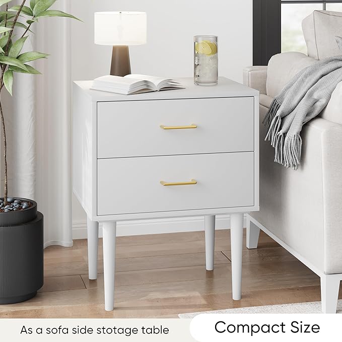 White Nightstand with 2 Drawers, 26" Tall Modern Bedside Table, Mid-Century Modern End Table, Wood Night Stand with Solid Wood Leg for Bedroom, Office