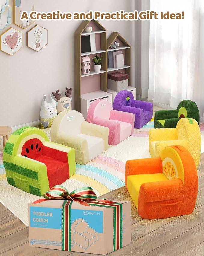 Toddler Chair, Comfy Foam Kids Couch with Soft Velvet Cover, Toddler Couch with Cute Avocado Design for Gaming and Studying, Kids Sofa for Boys and Girls