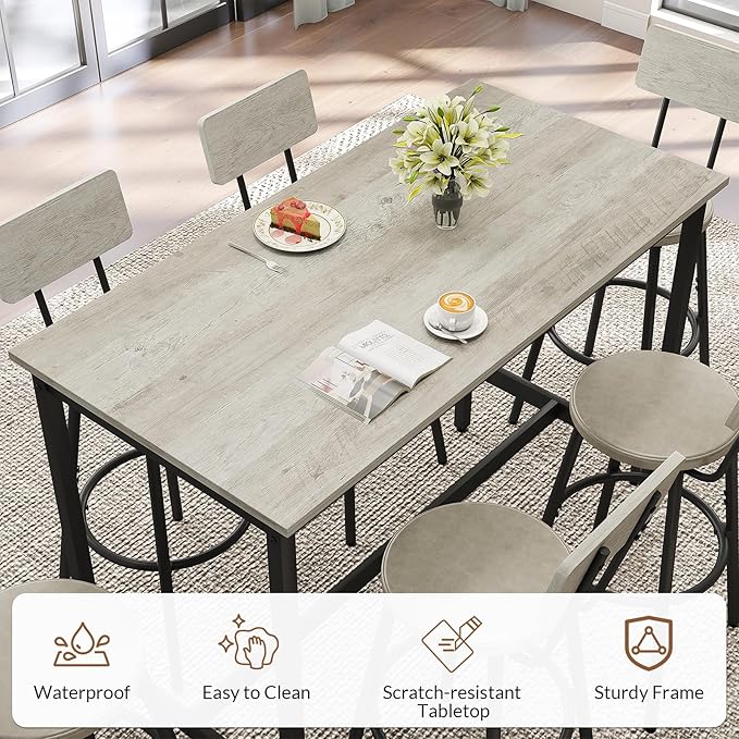 Rovibek Dining Table Set for 6, Bar Table and Chairs Set, Modern 6 Piece High Top Table and Chairs, Industrial Bar Height Pub Tables for Kitchen, Dining Room, Grey