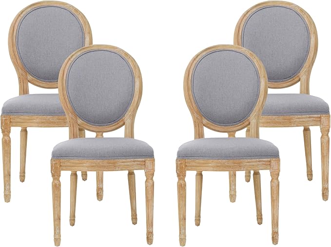 GDFStudio Hedwig French Country Fabric Dining Chairs (Set of 4), Light Gray + Natural
