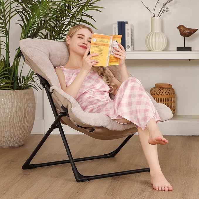 Comfy Saucer Chair for Adults, Soft Faux Fur Bedroom Chair, Accent Dorm Chairs, Flexible Living Room Reading Chairs, Oversized Folding Lounge Seat for Teens, X-Large, Light Khaki