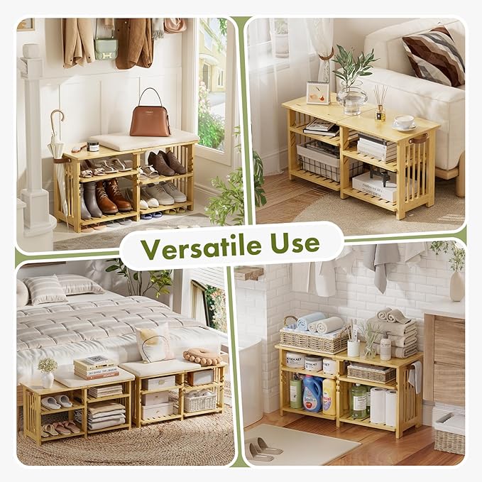 Amazer Bamboo Shoe Rack Bench, 3-Tier Shoe Bench Height Adjustable, Entry Bench with Side Storage Strap, Shoes Organizer Storage Bench, Shoe Shelf with Seat Cushion for Entryway, Living Room, Hallway