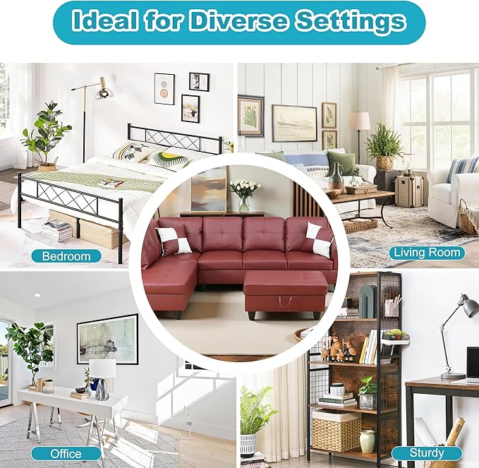 L Shaped Couch Faux Leather Sectional Couch Upholstered 3 Pieces Sofas for Living Room with Chaise, Storage Ottoman for Office and Small Apartment, Dark Red