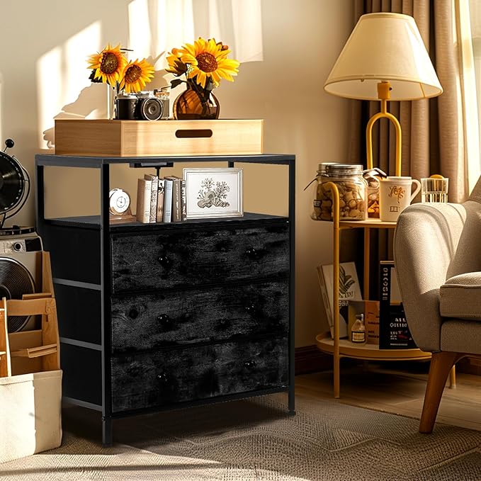 3 Drawers Dresser with Charging Station, 24 Inch Wide LED Night Stand with Adjustable Fabric Drawer, Nightstand with Storage Shelf for Living Room/Bedroom/Office, Black.