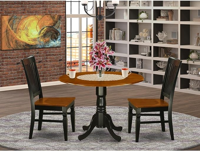 East West Furniture DLWE3-BCH-W 3 Piece Kitchen Table & Chairs Set Contains a Round Dining Table with Dropleaf and 2 Dining Room Chairs, 42x42 Inch, Black & Cherry