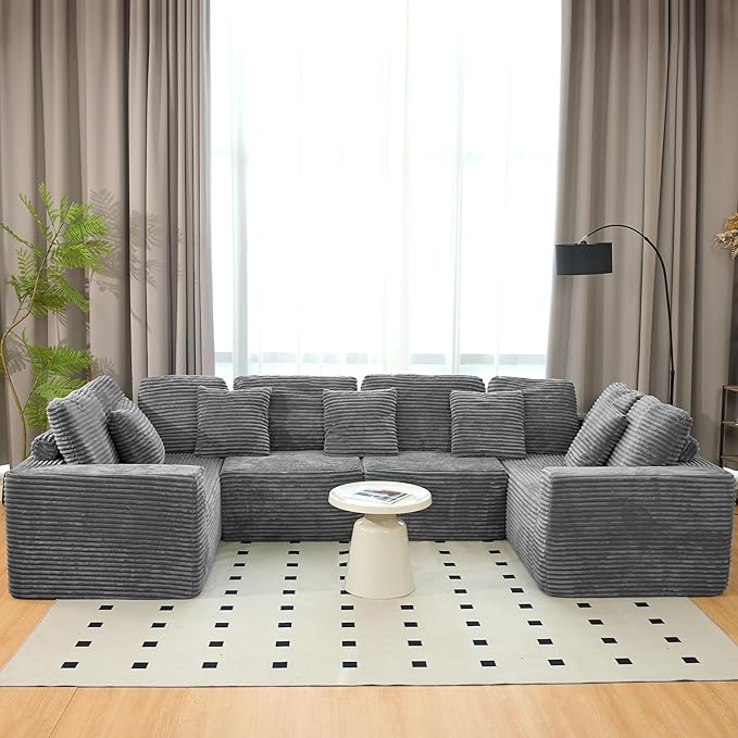 KEIKI 135" U Shape Sectional Sofa,6-Seater Modular Couch with Striped Corduroy Fabric for Living Room,Customizable Design