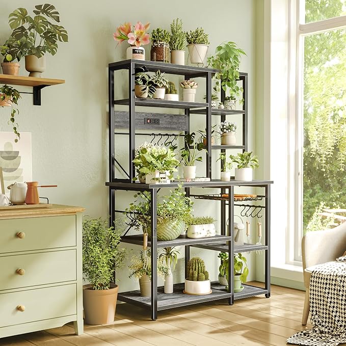 SUPERJARE Large Bakers Rack with Power Outlets, 6-Tier Microwave Stand, Coffee Bar with 12 S-Shaped Hooks, Kitchen Shelf with Wire Basket, 39.3 x 15.5 x 66.9 Inches, Charcoal Gray