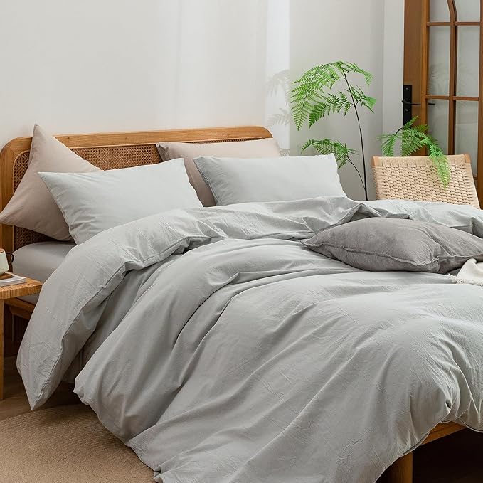 BESTOUCH Duvet Cover Set 100% Washed Cotton Linen Feel Super Soft Comfortable Chic Lightweight 3 PCs Home Bedding Set Solid Northern Droplet Grey Oversized Full