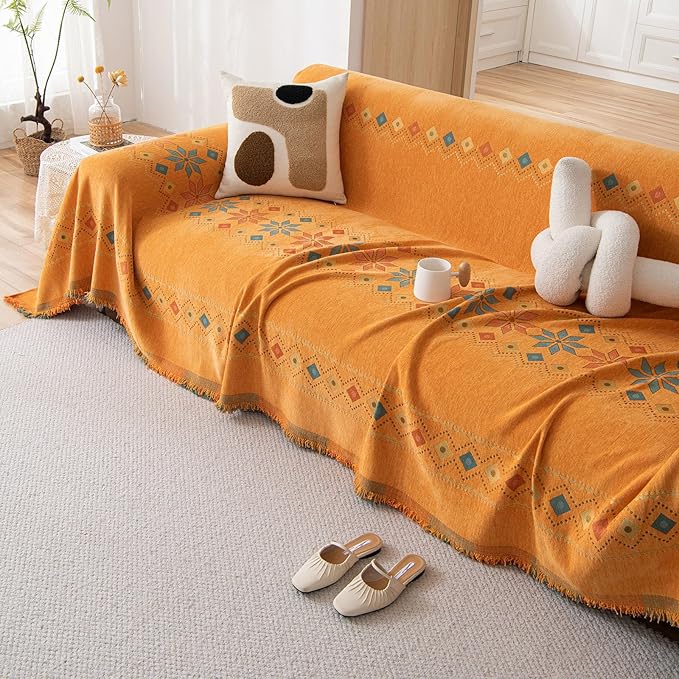 STACYPIK Soft Orange Sofa Cover, Boho Chenille Couch Cover for 2 Cushion Couch, Anti-Slip Jacquard Furniture Protector, Loveseat Cover for Sectional, Multi-use Sofa Slipcover Pet-Friendly-71X118IN