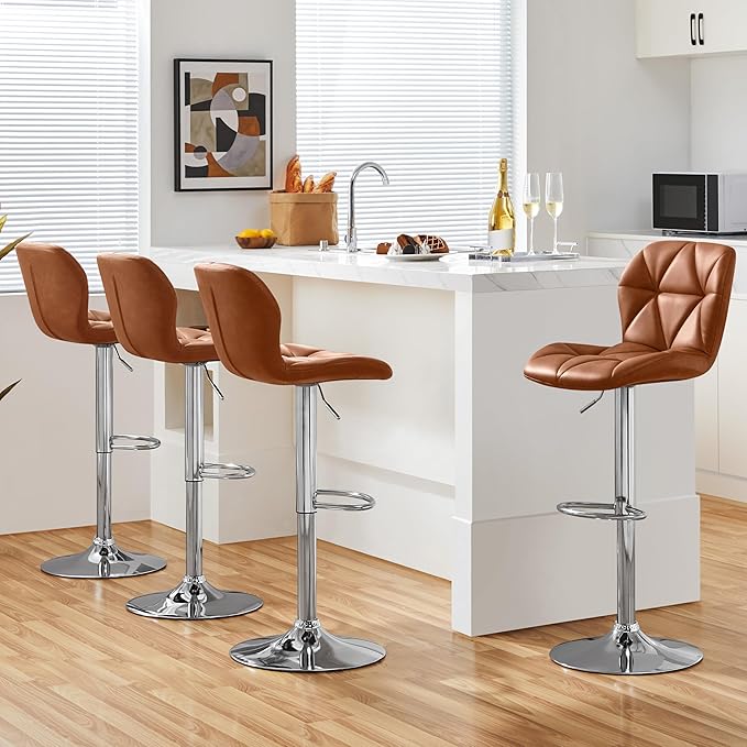 Yaheetech Bar Stools Set of 4, Adjustable PU Leather Swivel Barstools, Modern Counter Stools with Back and Footrest, Counter Height Barstools for Bar, Kitchen, Dining Room, Retro Brown