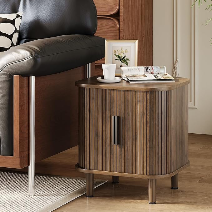 Fluted End Table with Sliding Tambour Door, Mid-Century Modern Bedside Table with Storage, Small Nightstand for Bedroom Living Room Side Table