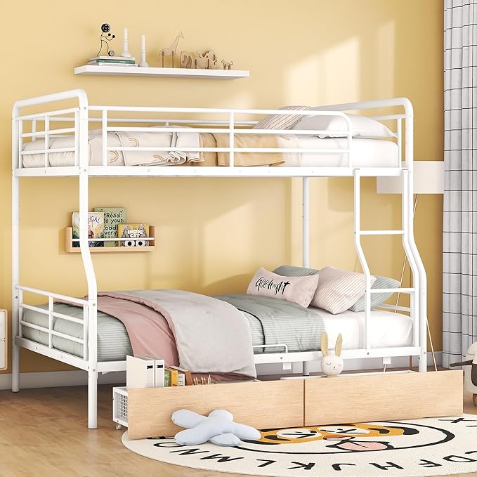 Full Over Queen Metal Bunk Bed with 2 Storage Drawers,Contemporary Iron-Crafted Bed Frame,w/Ladder & Full Length Gridded Guardrails,No Box Spring Needed,for Bedroom Guest Room,White