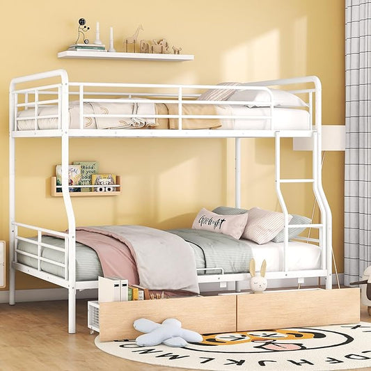 Full Over Queen Metal Bunk Bed with 2 Storage Drawers,Contemporary Iron-Crafted Bed Frame,w/Ladder & Full Length Gridded Guardrails,No Box Spring Needed,for Bedroom Guest Room,White