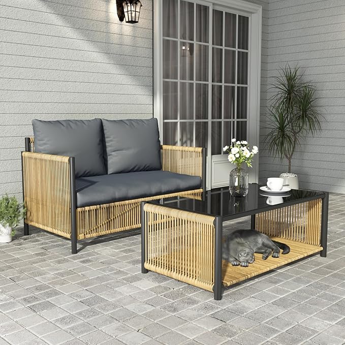 Outdoor Wicker 2 Seater Sofa Set with Cushion and Coffee Table,Loveseat Patio Conversation Set W/Metal Frame,Removable Cover & Rattan Design,Waterproof & Easy Assembly for Backyard,Patio,Gray
