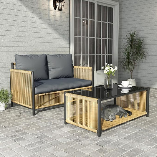 Outdoor Wicker 2 Seater Sofa Set with Cushion and Coffee Table,Loveseat Patio Conversation Set W/Metal Frame,Removable Cover & Rattan Design,Waterproof & Easy Assembly for Backyard,Patio,Gray