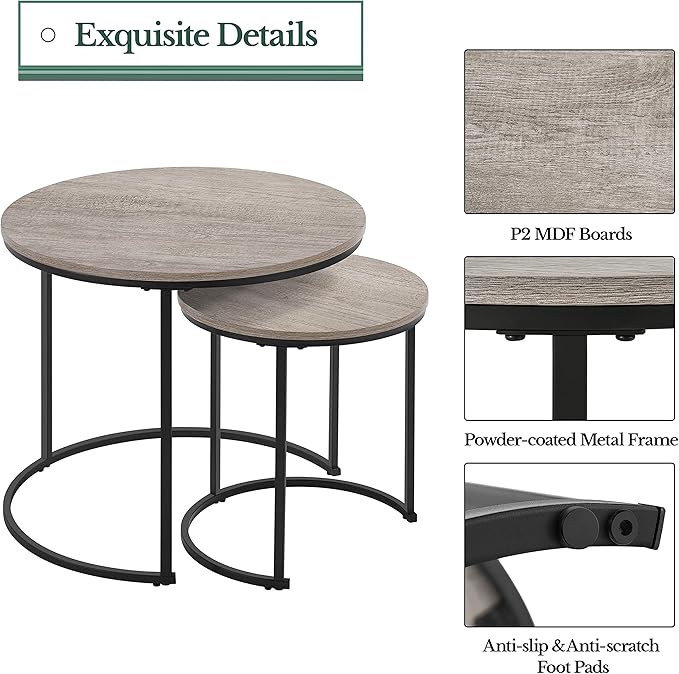 Yaheetech Nesting Coffee Table Set of 2, Nesting Table, Rustic Stacking Side Tables, Nesting End Table Set w/Round Wooden Tabletop and Sturdy Metal Base for Living Room,Small Space, Gray