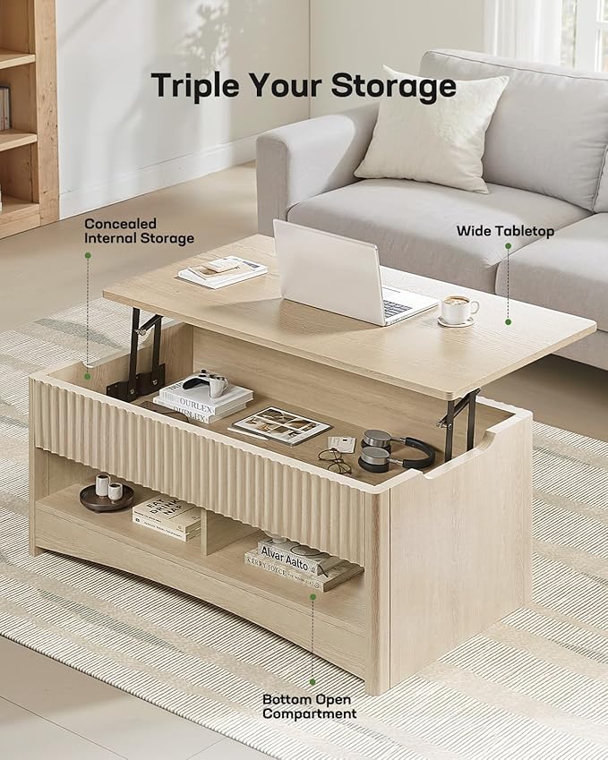 Marsail Lift Top Coffee Table with Open & Hidden Storage, Modern Fluted Coffee Table with Smooth Lift Mechanism, Sturdy Space-Saving Center Table for Home Living Room, Office, Natural Oak