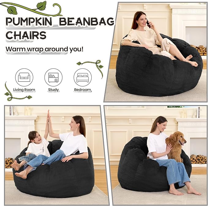 HABUTWAY Giant Bean Bag Chair for Adults/Kids/Teens, Pumpkin Bean Bag Couch Comfy Reading Chair for Bedroom, Corduroy Lazy Sofa Loughe Chair with Wider Seat Depth & Non-Slip Bottom (Black)
