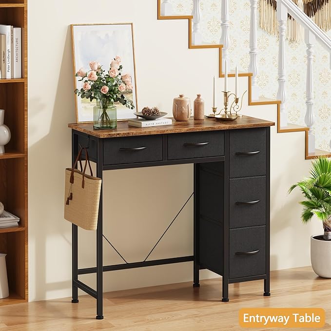 Small Desk with 5 Fabric Drawers, 33 Inch Computer Desk for Home Office, Simple PC Desks for Small Places, Kids Girls Teen Wrting Table Study Table for Bedroom Dorm, Rustic Brown