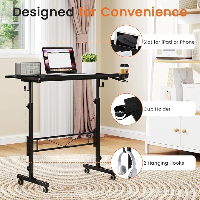 Hadulcet Small Standing Desk Adjustable Height, Mobile Stand Up Desk with Wheels, Portable Walking Pad Table Stand, Rolling Laptop Cart for Standing or Sitting, Black