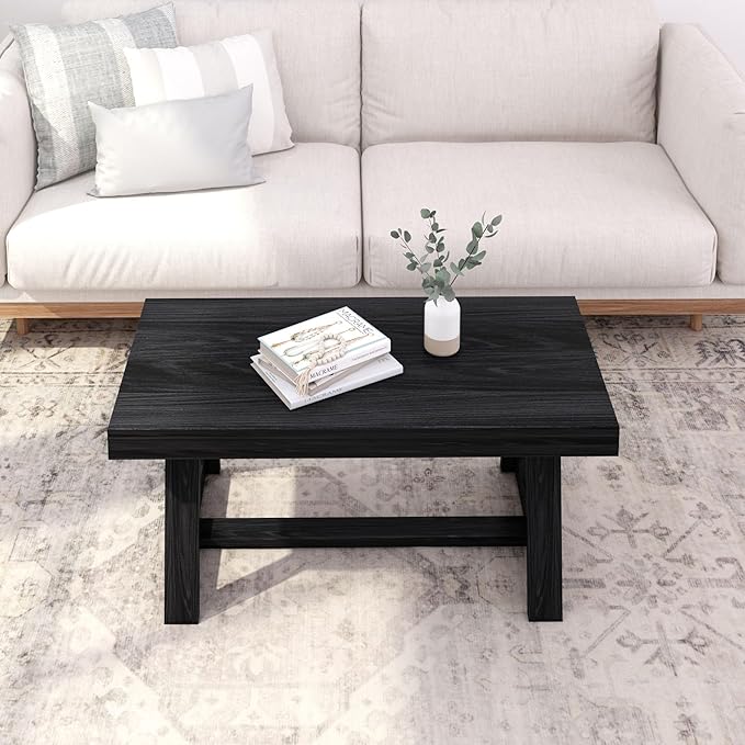 Plank+Beam Classic Rectangular Coffee Table, 40 Inch Farmhouse Coffee Table, Mini Center Tables for Small Spaces, Small Living Space Tea Table, Black Wirebrush