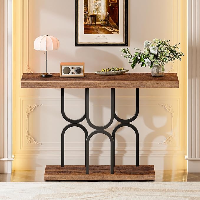 Huuger 47.2 Inch Entryway Table, Industrial Console Sofa Table, Narrow Accent Table, for Entry, Hallway, Entrance, Foyer, U-Shaped Metal Base, Rusitc Brown