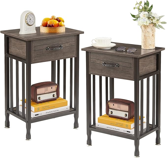 VECELO Nightstands Set of 2, Industrial Side Table/End Tables with Drawer and Storage Shelf, Night Stands for Bedroom, Living Room, Wood Metal Furniture, Easy Assembly