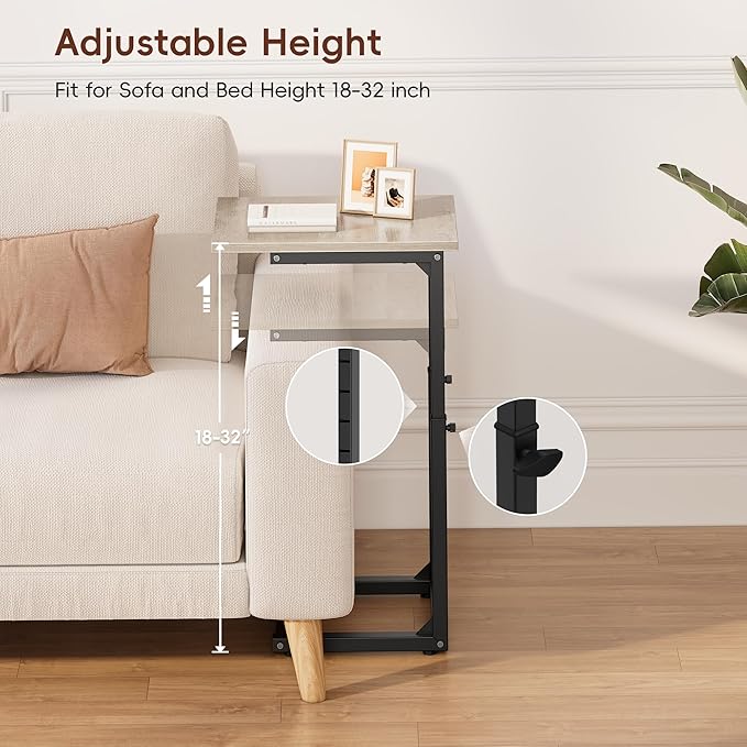 Vagusicc C Shaped End Table, 33" Tall Couch Table Adjustable Height Side Table, Sofa Table That Slide Under, C Table End Table TV Tray Coffee Arm Table for Living Room, Bedroom, Small Spaces, Gray