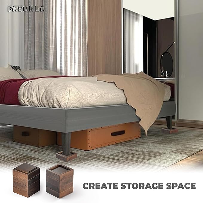 FASONLA Bed Risers, Furniture Risers (Set of 8) Lifts Height 1", 2", 3" or 4", Solid Natural Wood Risers, Non-Slip Recessed Hole to Heavy Bed/Furniture (Walnut Color)