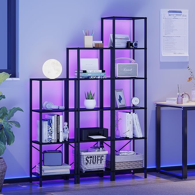 5-Tier Bookshelf, Tall Narrow Bookcase with LED Lights, Book Shelf with Steel Frame, Display Storage Shelf for Living Room, Bedroom, Home Office, Study, Balcony, Black