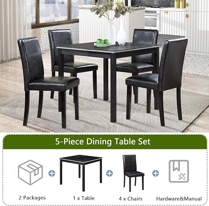 KEIKI 5-Piece Standard Height Dining Table Set with Square Table and 4 Upholstered Chair, for 4 Person, Classic Crystal Decoration Wood Table Set, Easy Assembly, for Kitchen, Dining Room, Black