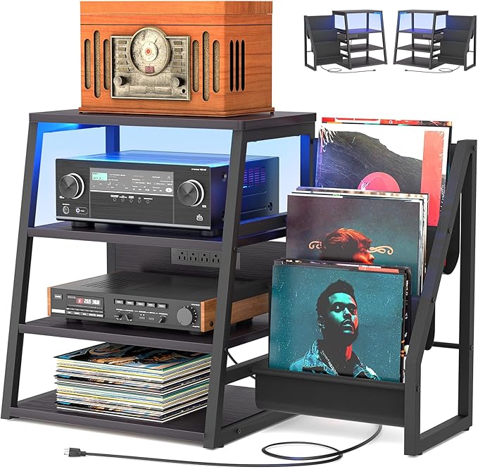 AV Media Stand with Outlets, Stereo Stands and Racks with Vinyl Storage, Stereo Stand with Record Storage, Audio Stereo Rack Cabinet, Turntable Console Stand with LED lights, 4 Tiers, Black Ebony
