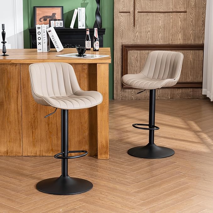 YOUNIKE Khaki White Bar Stools Set of 2 Kitchen Counter Height Barstools Upholstered Swivel Modern Faux Leather Bar Chairs with Backs Adjustable High Breakfast Island Stool with Metal Leg