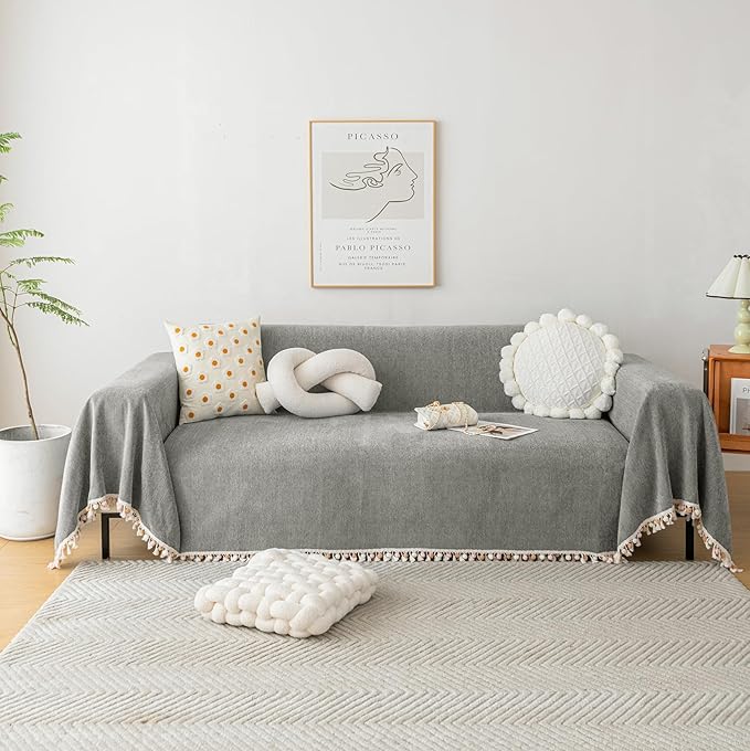 HANDONTIME Couch Slipcovers for Sofas - Dark Grey Boho Pet Couch Protector with Tassel - Chenille Herringbone 3 Seat Cover, 91" X150