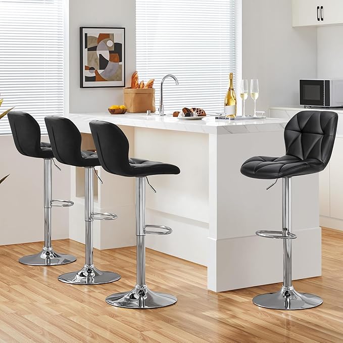 Yaheetech Bar Stools Set of 4, Adjustable PU Leather Swivel Barstools, Modern Counter Stools with Back and Footrest, Counter Height Barstools for Bar, Kitchen, Dining Room, Black