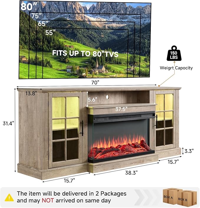 ROCKPOINT 3 Sided Glass 70" Fireplace TV Stand for TVs up to 80", Media Entertainment Center with Glass Door Storage Cabinet for Living Room,36" Electric Fireplace & Adjustable LED Light,Grey