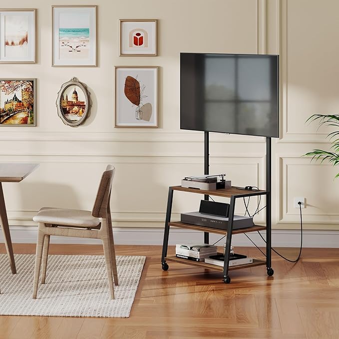 HOOBRO Rolling TV Stand with Mount and Power Outlet Up to 55 inch TV, Corner Entertainment Center, Small TV Stand with 3-Tier Storage Shelves for Living Room, Bedroom, Black and Walnut BH66UDS01