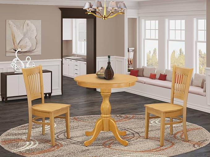 East West Furniture ESVA3-OAK-W 3 Piece Modern Dining Table Set Contains a Round Wooden Table with Pedestal and 2 Kitchen Dining Chairs, 30x30 Inch, Oak