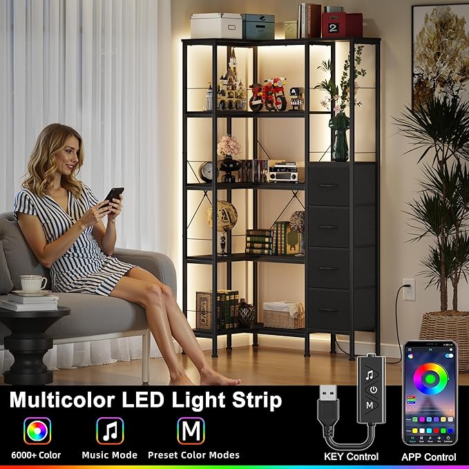 Corner Bookshelf with LED Light Strips & 4 Fabric Drawers, 5-Tier Convertible Corner Shelf with Display Shelf, Large Wood Industrial Bookcase for Living Room, Bedroom, Home Office, Black