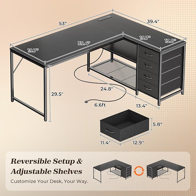 PRAISUN 53" L Shaped Desk with Power Outlets and USB-C Port, Reversible Computer Corner Office Desk with 4 Fabric Drawers and 2 Height-Adjustable Shelves, Large for Gaming Writing Work Study, Black