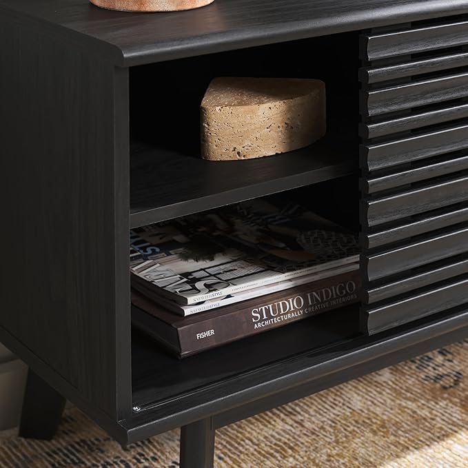 SAFAVIEH ESMA TV Stand for up to 60" Flatscreen – Black, Low Sideboard with 2 Sliding Doors, 1 Open Shelf, 1 Drawer, Entertainment Media Console (MED9638B)