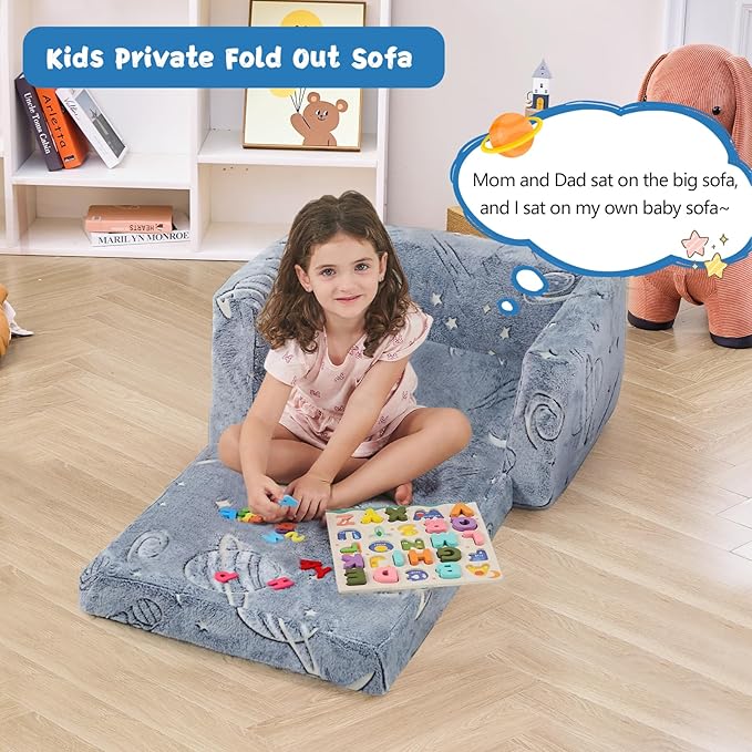 Toddler Chair Comfy,2-in-1 Soft Toddler Couch Fold Out for Kids,Convertible Sofa to Lounger,Gift for Girls and Boys Birthday,Space,Medium