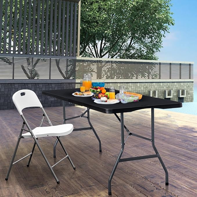 Folding Table 6ft Portable Heavy Duty Plastic Fold-in-Half 6 Foot Foldable Table Utility Dining Indoor Outdoor for Camping Picnic and Party, Black